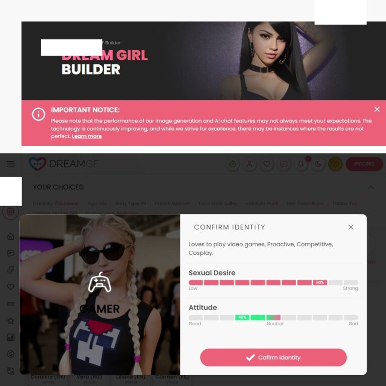 DreamGF Builder Personality Modal Confirm Identity Typo