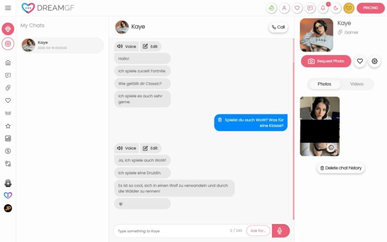 Chat mit Kaye auf DreamGF deutsche Antwort ueber WoW Druidin