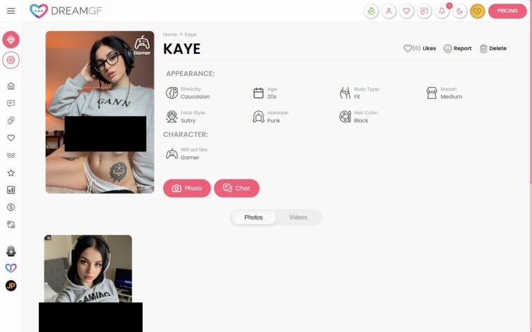 Kaye Profilseite auf DreamGF Gamer Personality