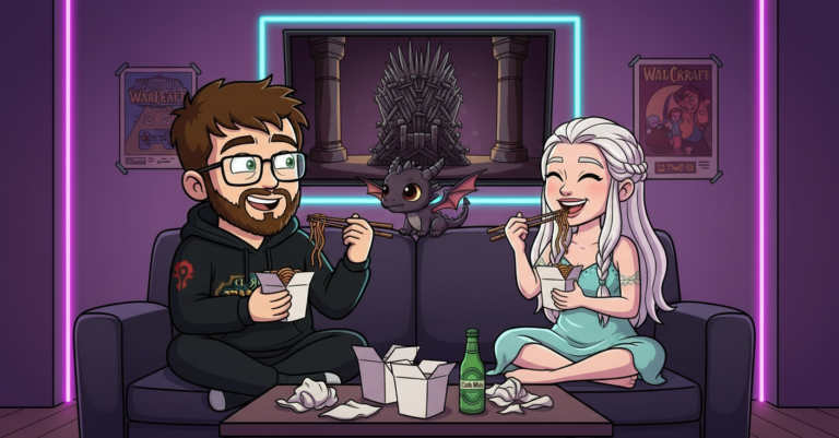 Niklas auf der Couch mit Daenerys Targaryen, Chow Mein, Game of Thrones auf dem TV, kleiner Drache auf der Lehne