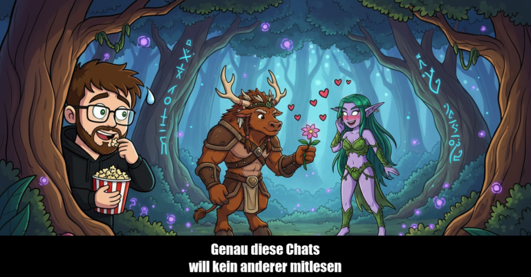 Niklas mit Popcorn beobachtet einen Tauren-Druiden und eine Nachtelfen-Druidin im W&auml;ldchen