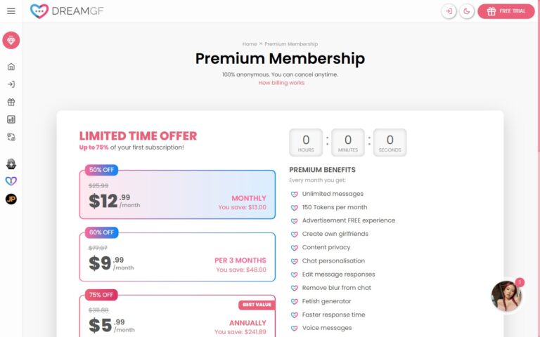 DreamGF Premium-Abo mit Unlimited Messages und 150 Tokens