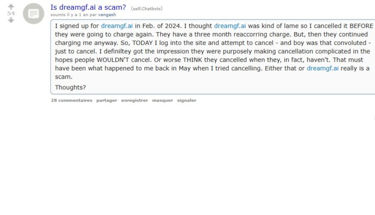 Reddit-Post auf r/Chatbots mit Titel Is dreamgf.ai a scam von vengash