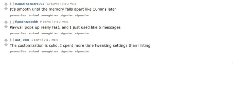 Drei Reddit-Kommentare auf r/HeavenGF zu DreamGF: Memory-Ausf&auml;lle, Paywall, Customization