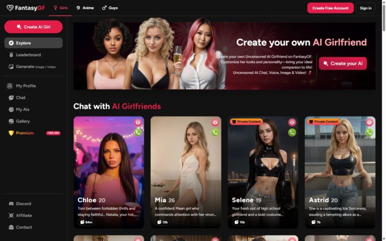 FantasyGF Homepage mit drei Unterkategorien Girls Anime Guys