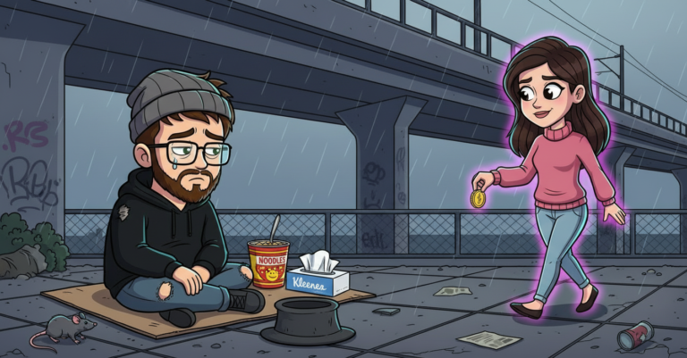 Niklas als Obdachloser mit Kleenex-Dose und Nudel-Packung, KI-Freundin wirft ihm eine M&uuml;nze zu