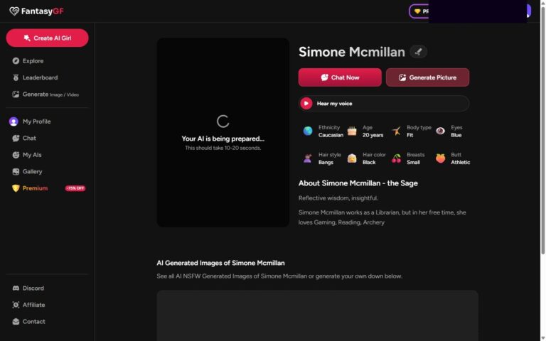 Simone Mcmillan Profilseite auf FantasyGF mit leerem Portrait