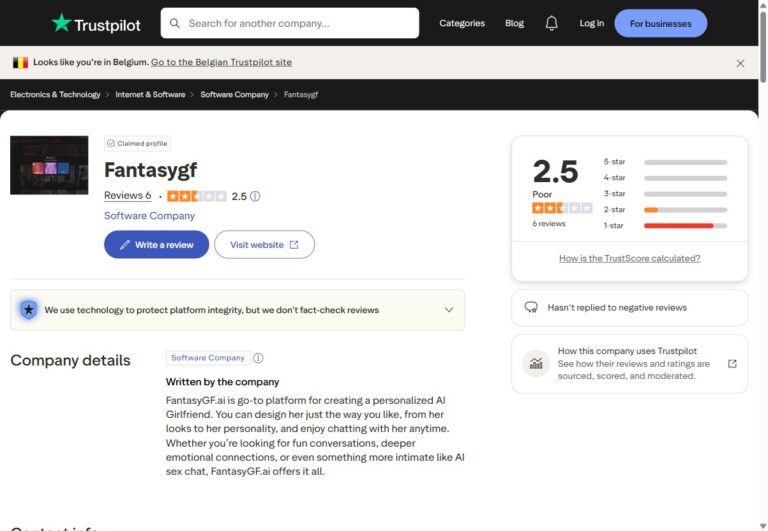 Trustpilot Overview FantasyGF mit 2.5 Sterne und 83 Prozent 1-Stern-Reviews