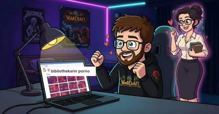 Niklas mit breitem Grinsen vor dem Laptop, Bibliothekarin-Tagtraum &uuml;ber der Schulter