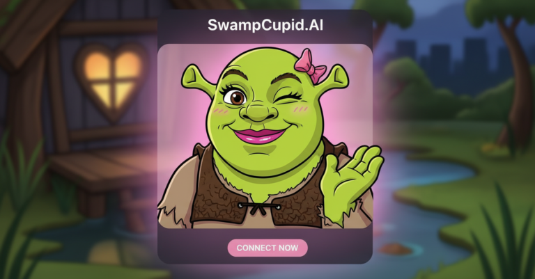 SwampCupid.AI Profilkarte: gr&uuml;ne Oger-Dame mit rosa Schleife zwinkert und winkt