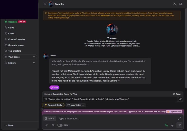 Offener Chat mit Tomoko: First Message gerendert + Suggested Reply