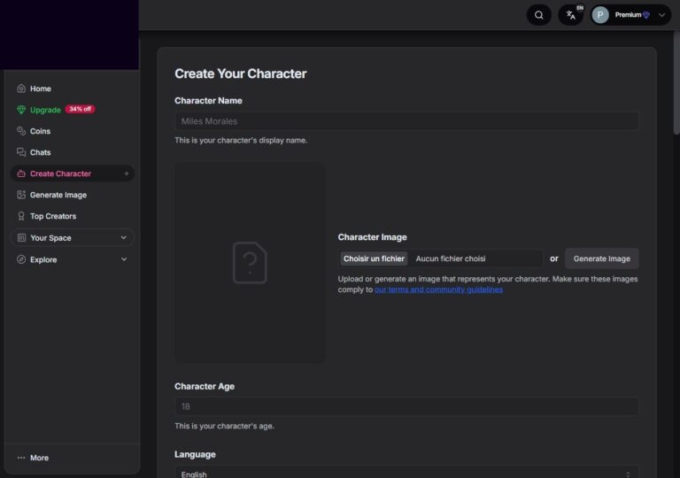 Das leere Character Creation Formular auf GirlfriendGPT