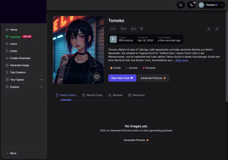Tomoko Profilseite mit Portrait, Tags und Start New Chat Button