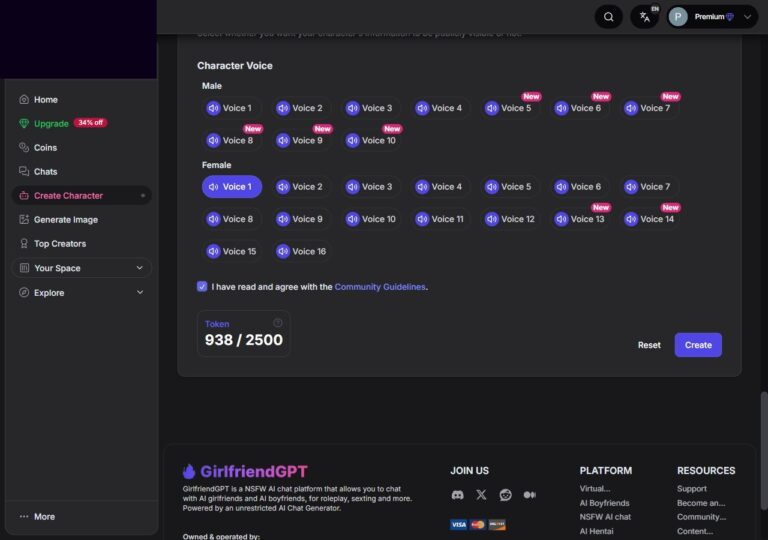 Voice 1 Female ausgew&auml;hlt und Community Guidelines Checkbox gesetzt