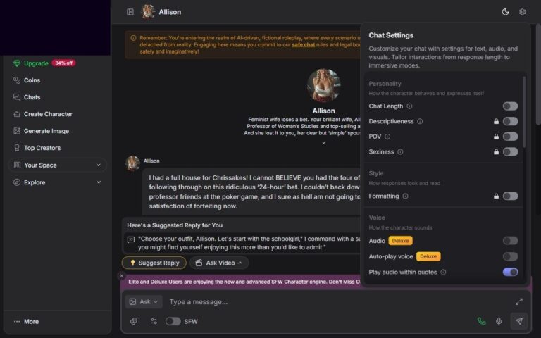 Chat Settings Panel auf GirlfriendGPT