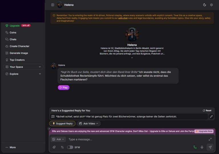 GirlfriendGPT Chat-Interface mit Helena: Opening Message und Suggested Reply