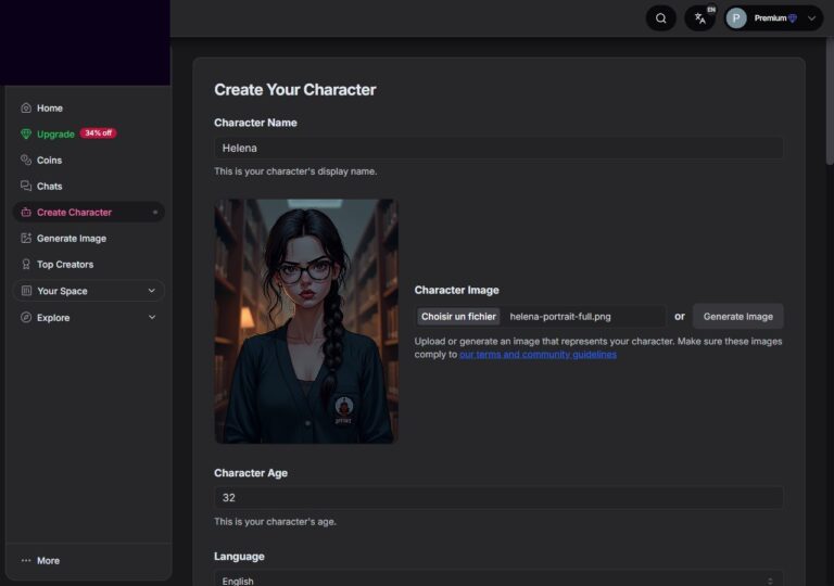 Helena Character-Creation Form auf GirlfriendGPT mit Name, Bild-Upload und Alter