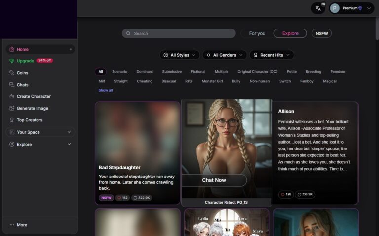 GirlfriendGPT Startseite mit Charakter-Galerie