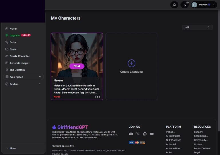 My Characters auf GirlfriendGPT mit Helena-Karte