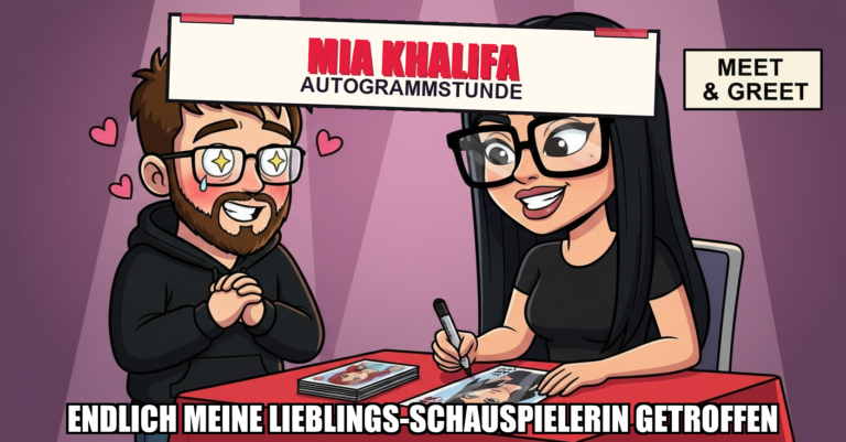 Niklas trifft Mia Khalifa bei einer Autogrammstunde, klarer Fanboy-Moment mit Herzchen um ihn herum