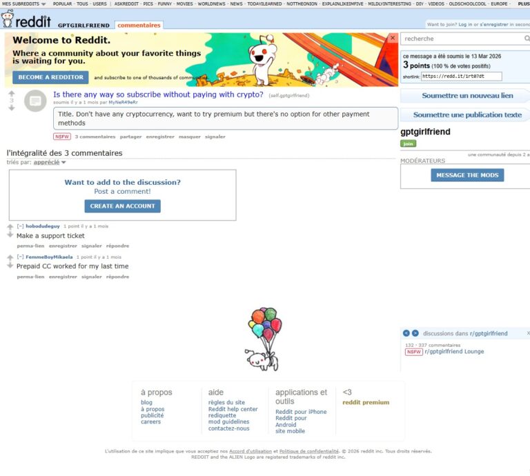 Reddit-Thread r/gptgirlfriend: Nutzer fragt nach Bezahlmethoden abseits Krypto