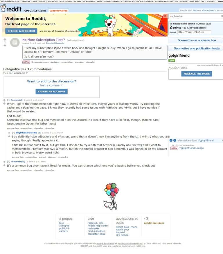 Reddit-Thread r/gptgirlfriend: No More Subscription Tiers mit Bug-Report und Pricing-Inkonsistenz zwischen Browsern