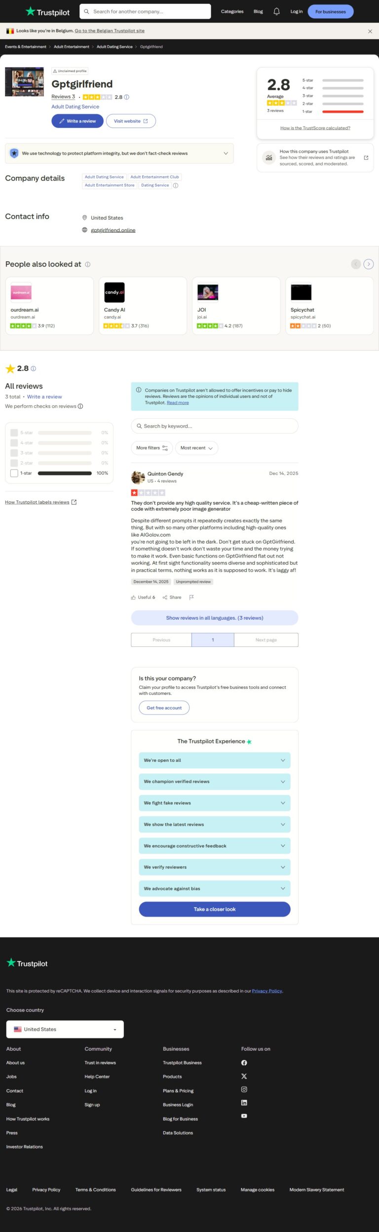 Trustpilot-Seite GirlfriendGPT mit 2,8 von 5 Sternen und 1-Stern-Kritik von Quinton Gendy