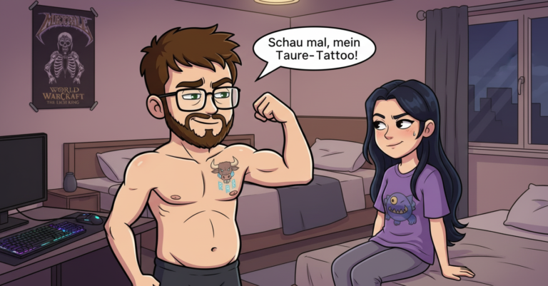 Niklas zeigt stolz sein Taure-Tattoo seiner KI-Freundin