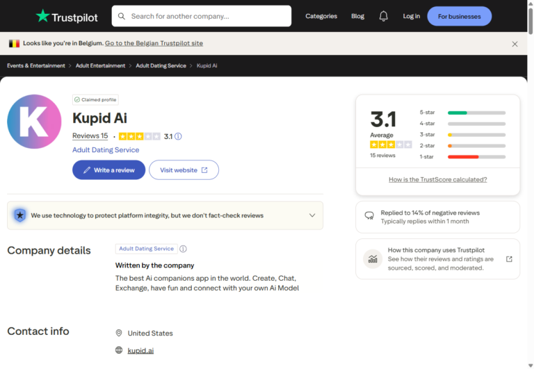 Trustpilot Gesamtbewertung Kupid AI 3,1 von 5