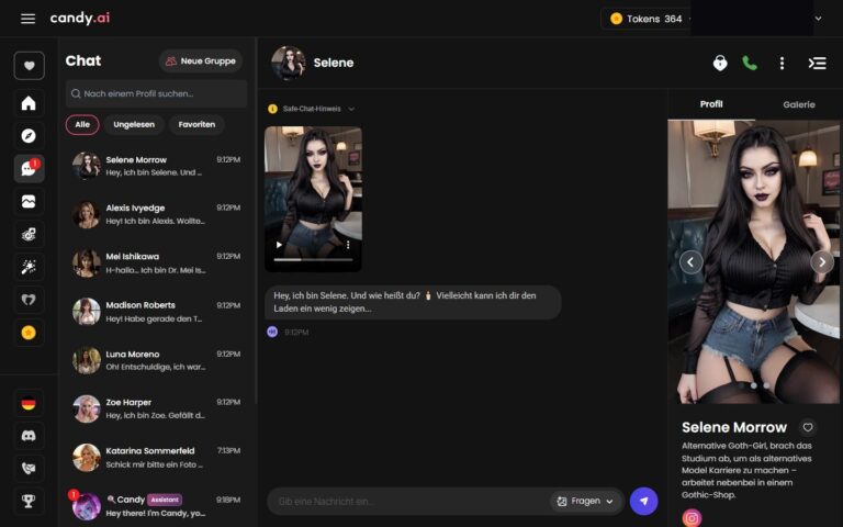 Selene Morrow auf Candy AI: Goth-Girl mit schwarzem Lidstrich und alternativer Ästhetik