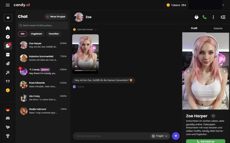Zoe Harper auf Candy AI: rosa Haare, Gaming-Headset, Streaming-Setup