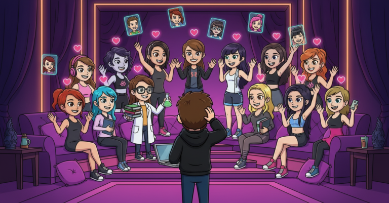 Niklas vor einem Harem aus KI-Freundinnen, ratlos