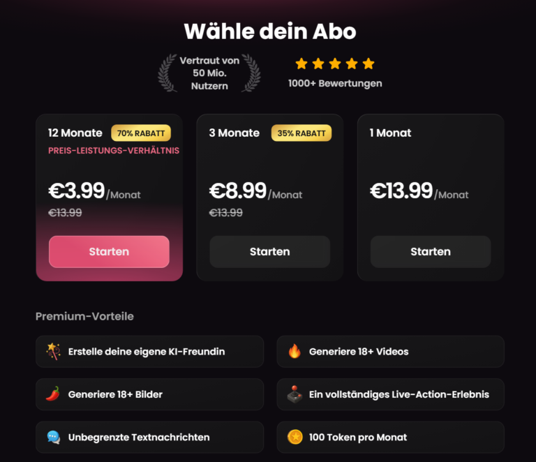 Candy AI Premium: 12 Monate 3,99 Euro, 3 Monate 8,99 Euro, 1 Monat 13,99 Euro pro Monat