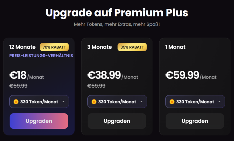 Candy AI Premium Plus: 18, 38,99 und 59,99 Euro pro Monat, 330 Token monatlich