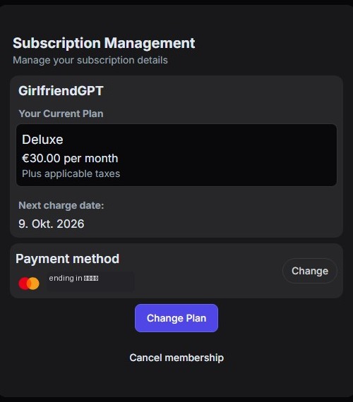 GirlfriendGPT Abo-Verwaltung mit Change Plan und Cancel membership