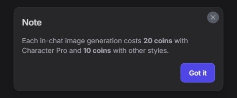 Hinweis von GirlfriendGPT: Jedes Bild im Chat kostet 20 Coins mit Character Pro und 10 Coins mit anderen Stilen