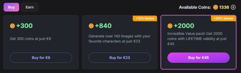 GirlfriendGPT Coin-Packs: 300 Coins für 9 Euro, 840 für 23 Euro, 2000 für 45 Euro