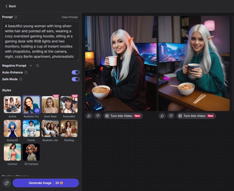 GirlfriendGPT Bildgenerator mit Prompt, Stil Realistic Pro und Generate-Button für 20 Coins