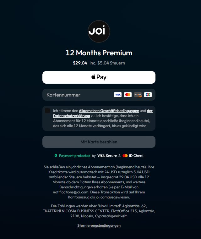 Bezahlseite von Joi AI: ein Jahr Premium für 29,04 Dollar inklusive Steuern, mit Karte oder Apple Pay