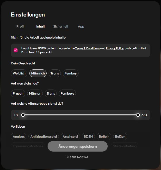 Einstellungen bei Joi AI: Inhalte für Erwachsene, Geschlecht und Vorlieben