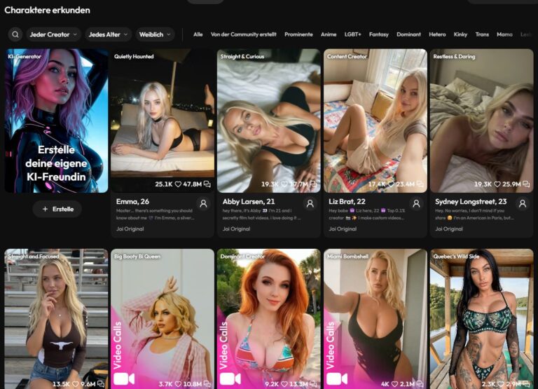 Katalog von Joi AI mit Filtern und den Profilen von Emma, Abby Larsen, Liz Brat und Sydney Longstreet