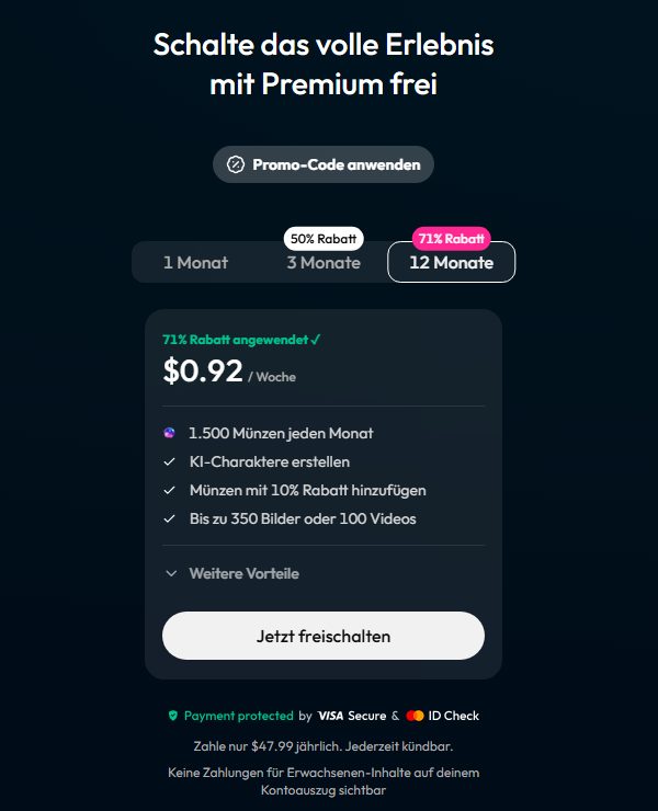 Premium-Angebot von Joi AI für ein Jahr, mit 1.500 Neuronen im Monat und bis zu 350 Bildern oder 100 Videos