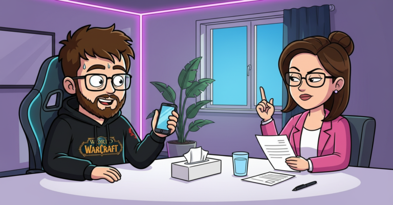 Niklas sitzt im Vorstellungsgespräch und hält sein Handy hoch, die Personalerin hebt skeptisch den Finger, zwischen beiden steht eine Packung Taschentücher
