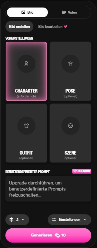 Bildgenerator von OurDream AI mit Vorlagen für Charakter, Pose, Outfit und Szene