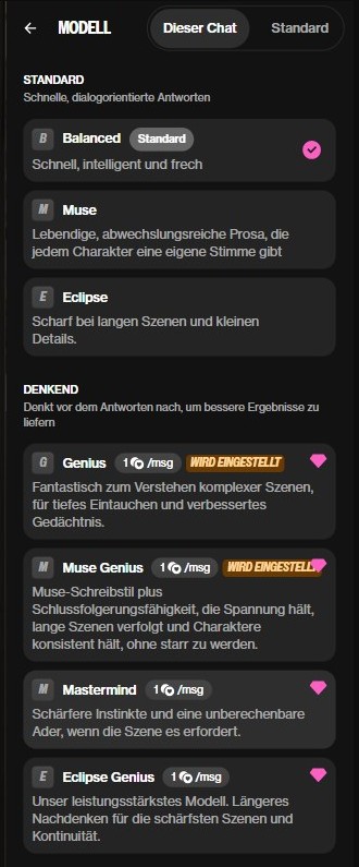 Modellauswahl im Chat von OurDream AI: Balanced, Muse, Eclipse und denkende Modelle für 1 Coin pro Nachricht