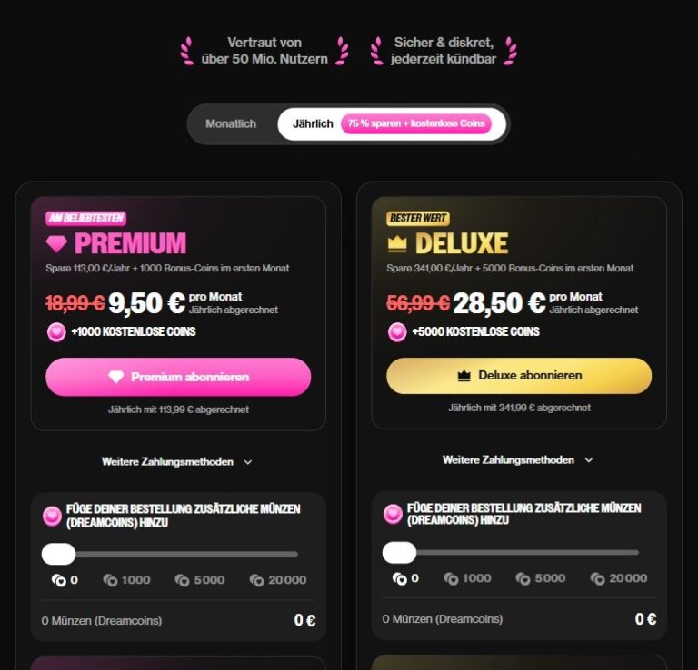 Preise von OurDream AI: Premium 9,50 Euro und Deluxe 28,50 Euro pro Monat im Jahresabo